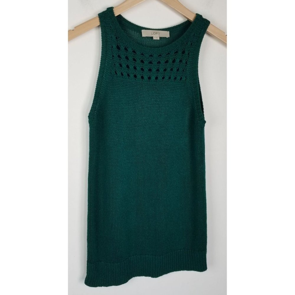 Loft Women's Sz. M Emerald Green Sleeveless Crochet Yoke Knit Long Sweater Vest